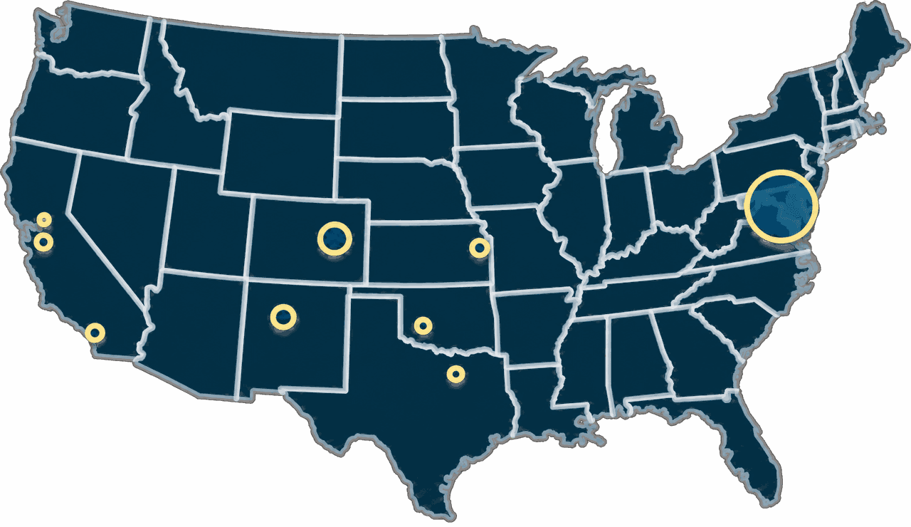 Map of the United States with markers on the cities where LHG works, including San Diego, and weighted to the Washington DC area